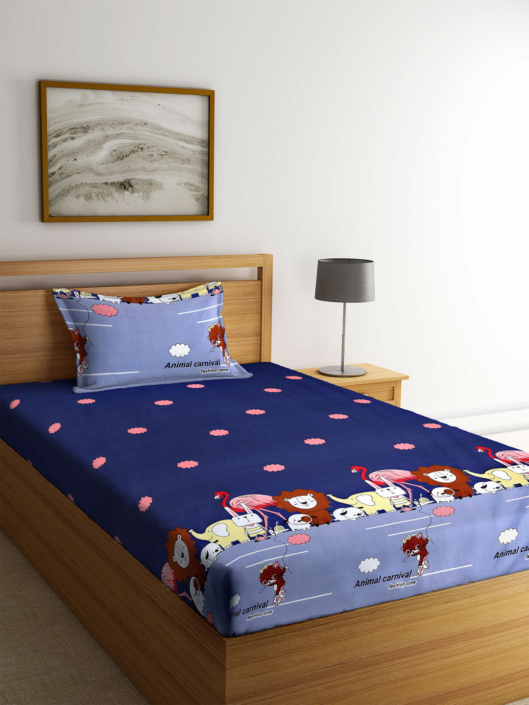 Arrabi Blue Animal TC Cotton Blend Single Size Bedsheet with 1 Pillow Cover (225 x 150 cm)