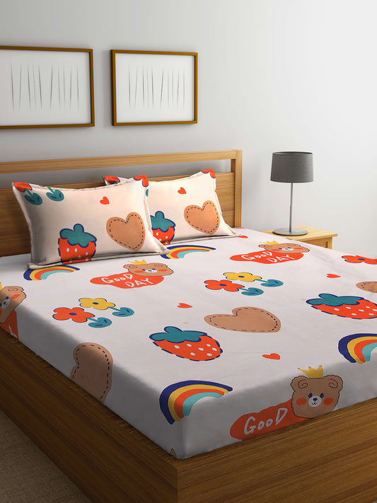 Arrabi Multi Cartoon TC Cotton Blend Double Size Bedsheet with 2 Pillow Covers (250 x 215 cm)