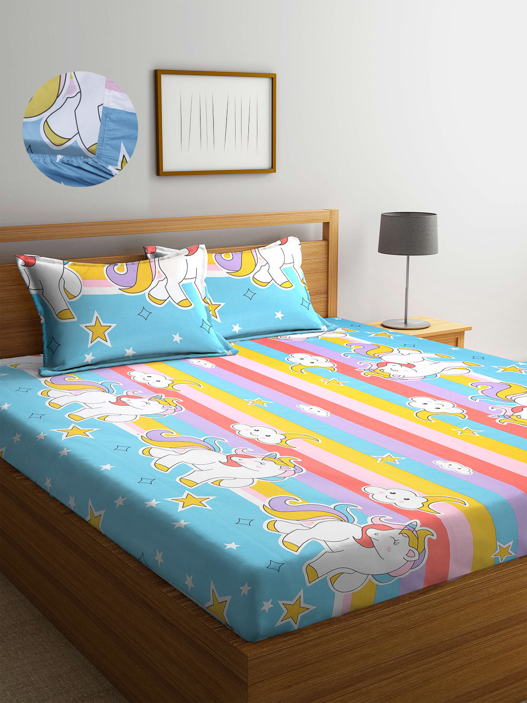 Arrabi Multi Cartoon TC Cotton Blend Double Size Fitted Bedsheet with 2 Pillow Covers (250 X 220 cm)