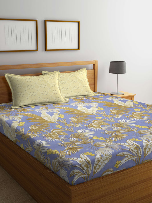 Arrabi Grey Leaf TC Cotton Blend Super King Size Bedsheet with 2 Pillow Covers (270 X 260 cm)