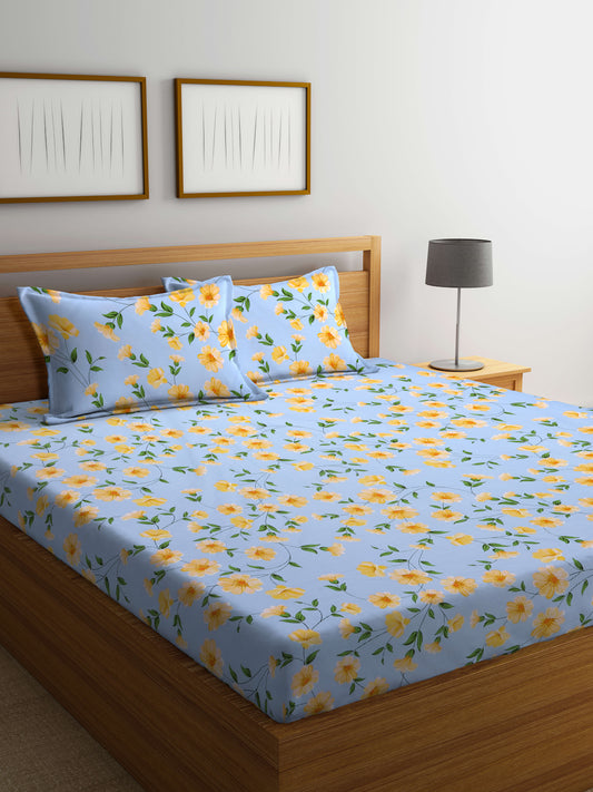 Arrabi Blue Floral TC Cotton Blend King Size Bedsheet with 2 Pillow Covers (250 X 215 cm)