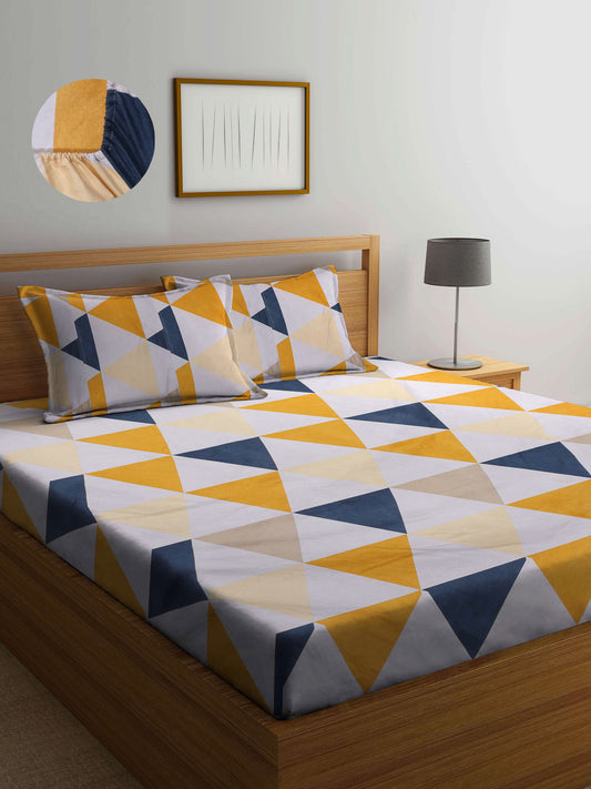 Arrabi Multi Geometric TC Cotton Blend Double King Size Fitted Bedsheet with 2 Pillow Covers (270 X 260 cm)