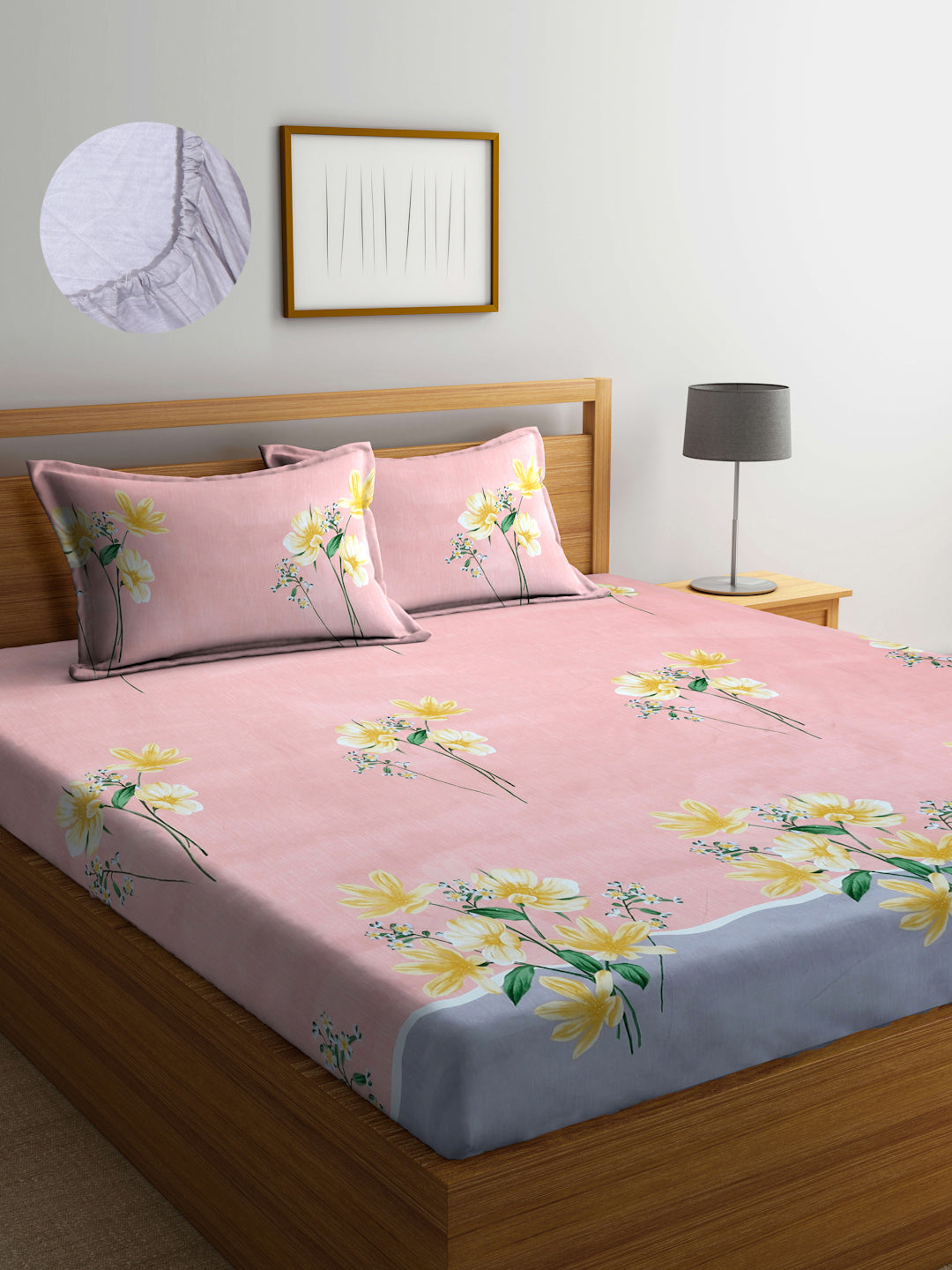 Arrabi Peach Floral TC Cotton Blend Super King Size Fitted Bedsheet with 2 Pillow Covers(270 X 260 Cm )