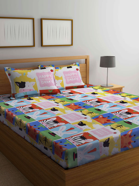 Arrabi Multi Cartoon TC Cotton Blend Double Size Bedsheet with 2 Pillow Cover
