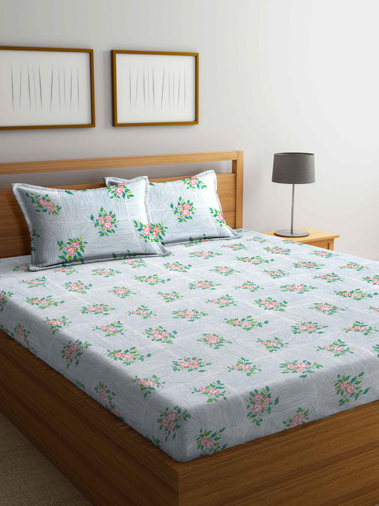 Arrabi Grey Floral TC Cotton Blend King Size Bedsheet with 2 Pillow Covers (250 X 215 cm)