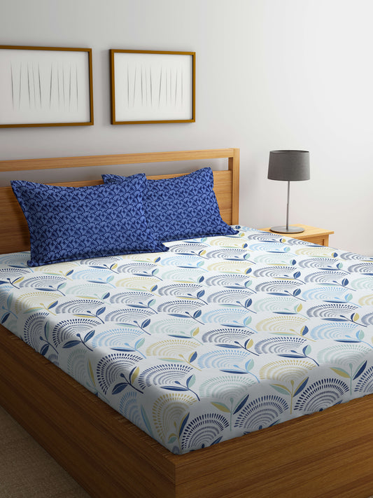 Arrabi Blue Indian TC Cotton Blend Super King Size Bedsheet with 2 Pillow Covers (270 X 260 cm)