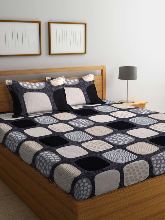 Arrabi Black Abstract TC Cotton Blend King Size Bedsheet with 2 Pillow Covers (250 X 220 cm)