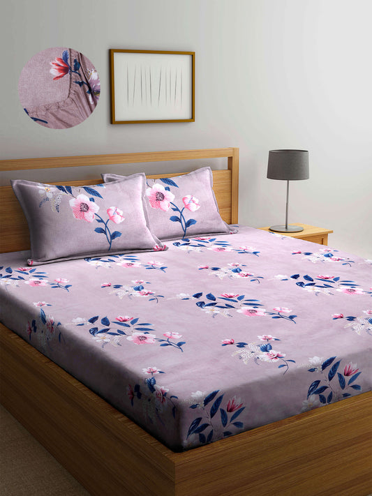 Arrabi Brown Floral TC Cotton Blend King Size Fitted Bedsheet with 2 Pillow Covers(250 X 215 Cm )