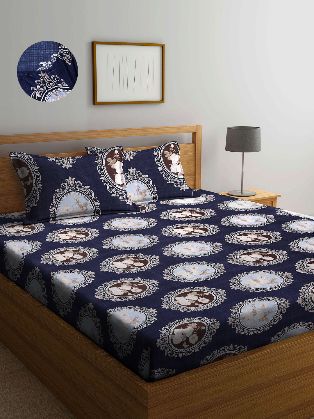 Arrabi Blue Indian TC Cotton Blend Double Size Fitted Bedsheet with 2 Pillow Covers (250 X 220 cm)