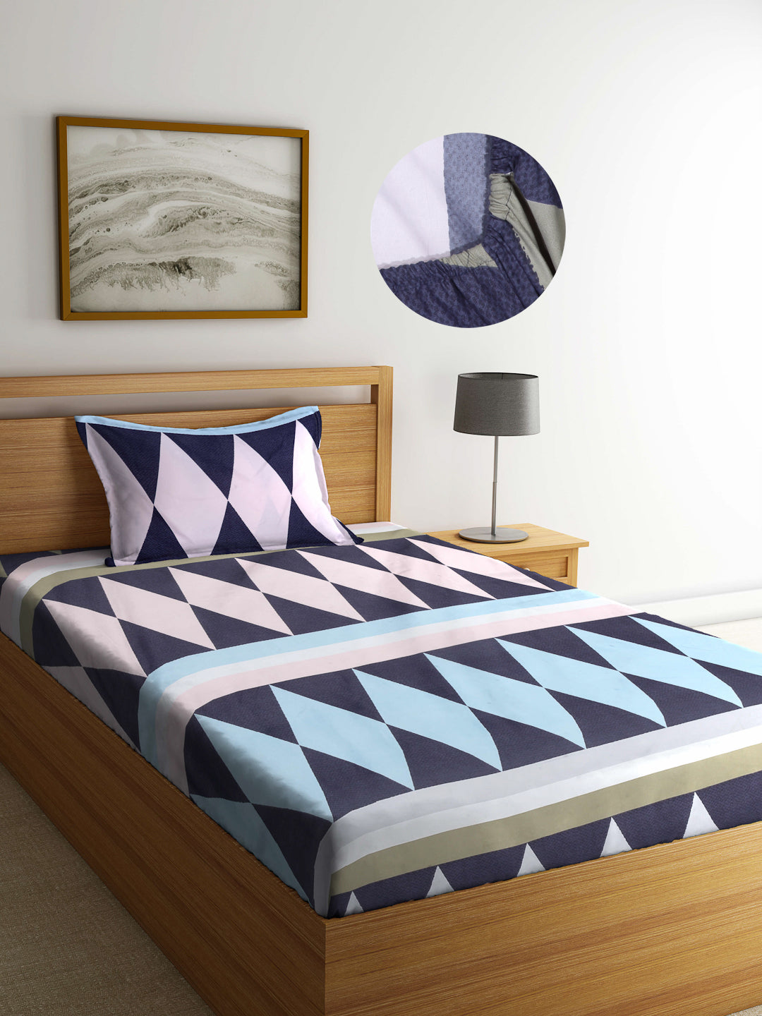 Arrabi Multi Geometric TC Cotton Blend Single Size Fitted Bedsheet with 1 Pillow Cover (220 X 150 cm)