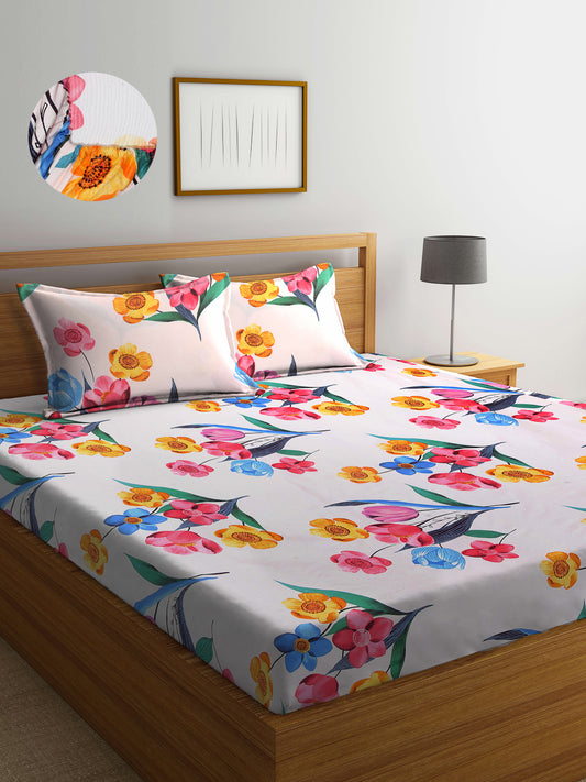 Arrabi Multi Floral TC Cotton Blend King Size Fitted Bedsheet with 2 Pillow Covers (250 X 215 Cm )