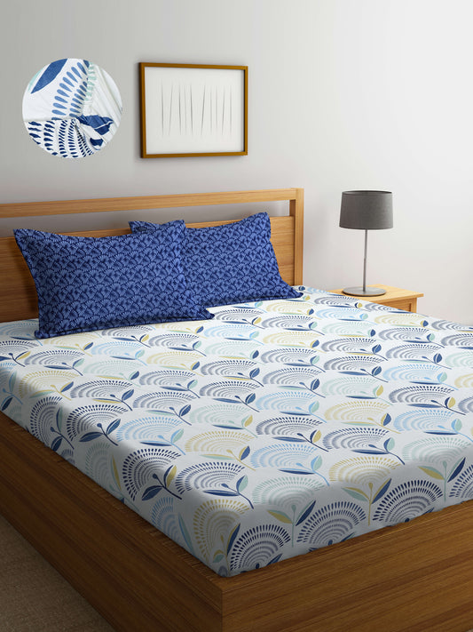 Arrabi Blue Leaf TC Cotton Blend Super King Size Fitted Bedsheet with 2 Pillow Covers(270 X 260 Cm )