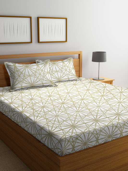 Arrabi Beige Graphic TC Cotton Blend King Size Bedsheet with 2 Pillow Covers (250 X 215 cm)