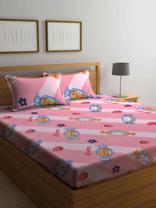 Arrabi Multi Cartoon TC Cotton Blend Double Size Bedsheet with 2 Pillow Cover