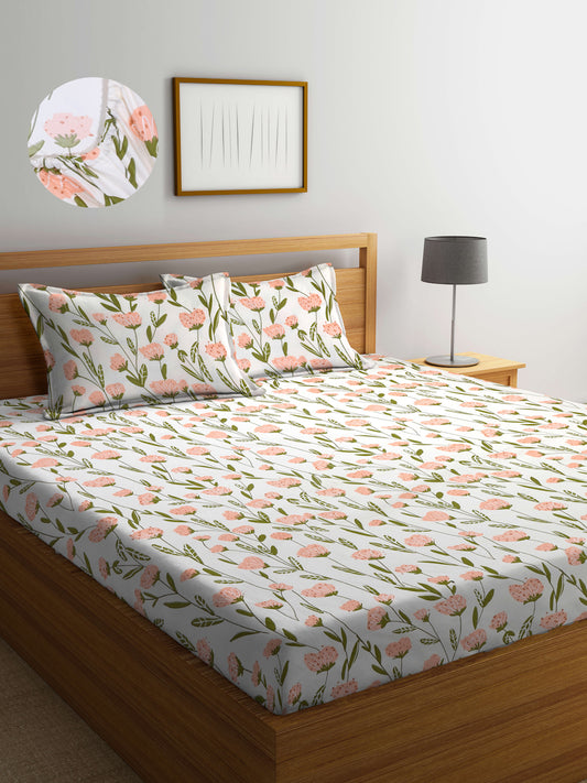 Arrabi Cream Leaf TC Cotton Blend King Size Fitted Bedsheet with 2 Pillow Covers(250 X 215 Cm )