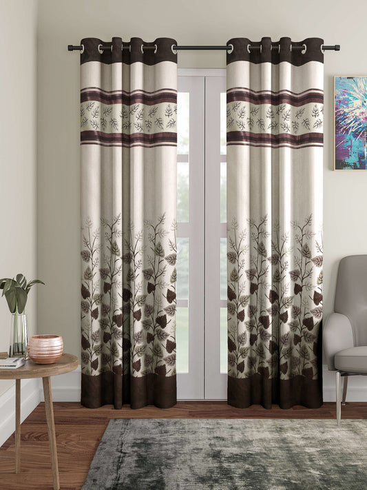Arrabi Brown Leaf Print TC Cotton Blend Set of 2 Long Door Curtains (275 X 120 cm)