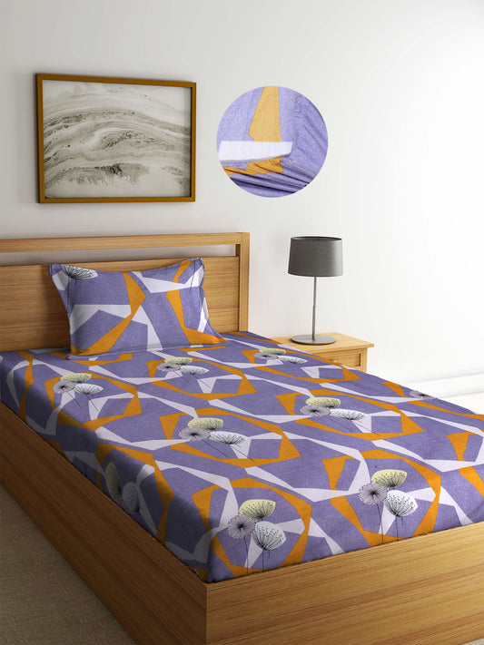 Arrabi Grey Graphic TC Cotton Blend Single Size Fitted Bedsheet with 1 Pillow Cover (220 X 150 cm)