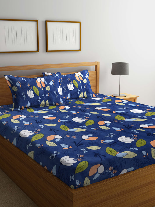 Arrabi Blue Leaf TC Cotton Blend Super King Size Bedsheet with 2 Pillow Covers (270 X 260 cm)