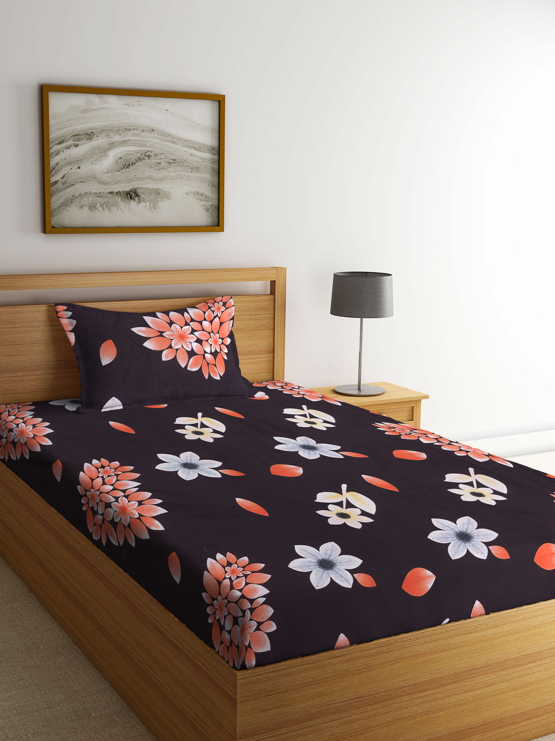 Arrabi Brown Floral TC Cotton Blend Single Size Bedsheet with 1 Pillow Cover (220 X 150 cm)