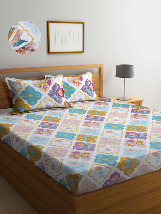 Arrabi Multi Floral TC Cotton Blend King Size Fitted Bedsheet with 2 Pillow Covers(250 X 215 Cm )