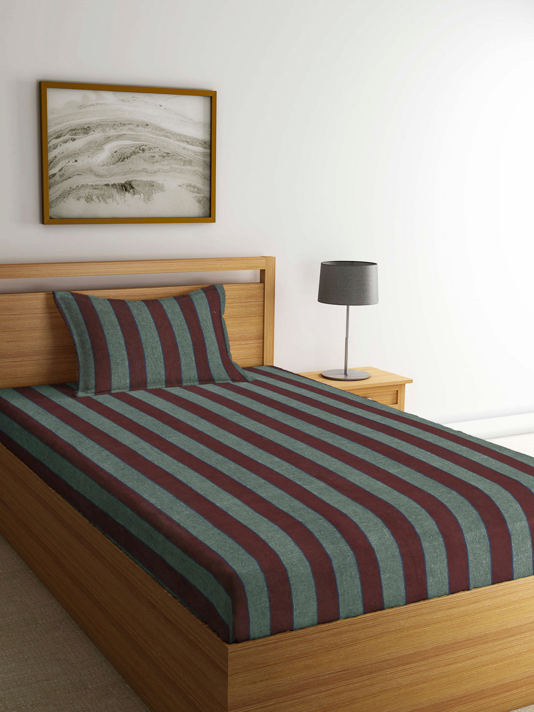 Arrabi Grey Stripes Handwoven Cotton Single Size Bedsheet with 1 Pillow Cover (230 X 150 cm)