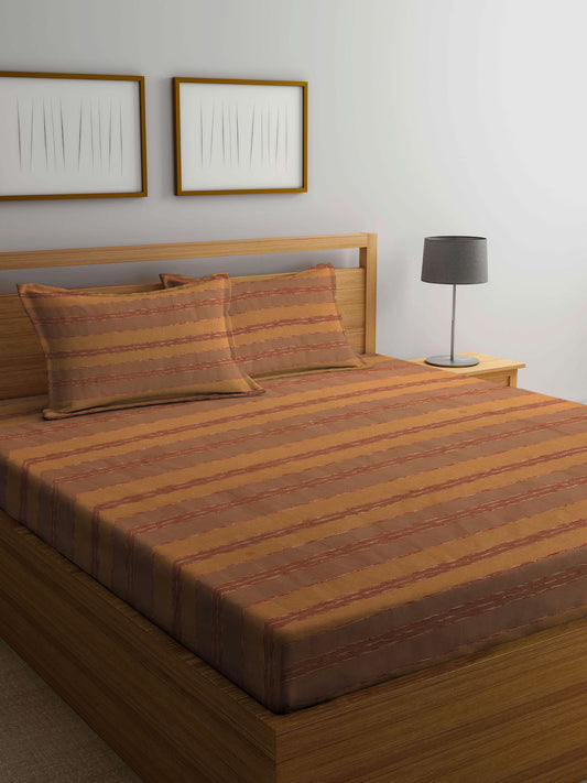 Arrabi Brown Stripes Handwoven Cotton King Size Bedsheet with 2 Pillow Covers (260 X 250 cm)