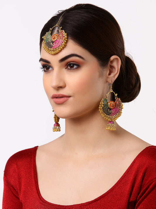 Arrabi Multi Oxidised Kundan Studded Maang Tika & Earrings Set (17 cm)