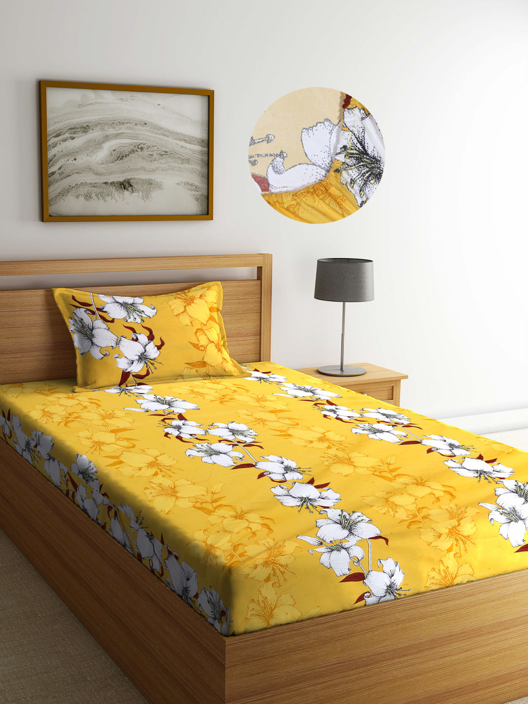 Arrabi Yellow Floral TC Cotton Blend Single Size Fitted Bedsheet with 1 Pillow Cover (220 X 150 cm)