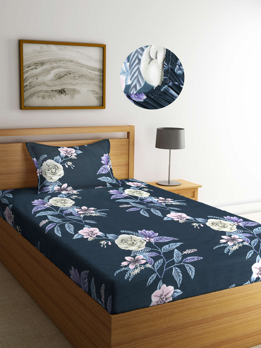Arrabi Blue Floral TC Cotton Blend Single Size Fitted Bedsheet with 1 Pillow Cover (220 X 150 cm)