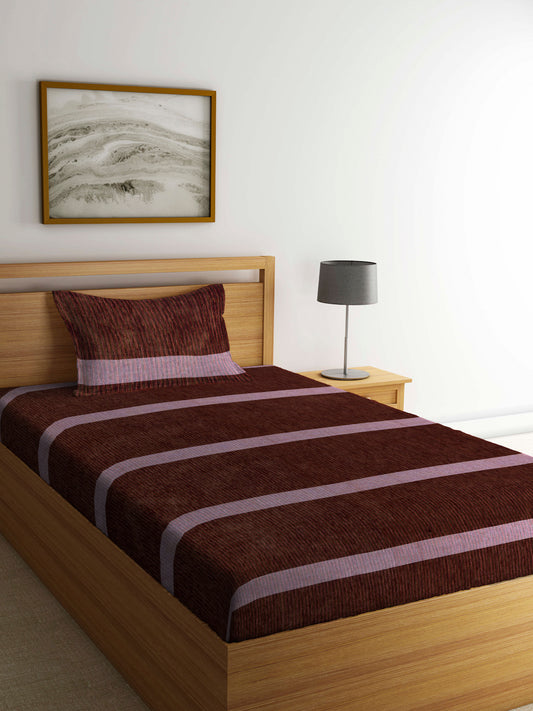 Arrabi Brown Stripes Handwoven Cotton Single Size Bedsheet with 1 Pillow Cover ( 225 X 150 cm)
