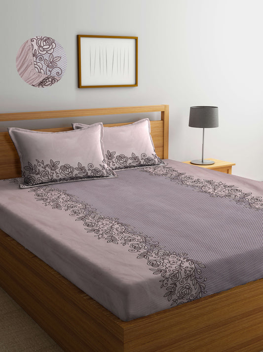 Arrabi Brown Leaf TC Cotton Blend King Size Fitted Bedsheet with 2 Pillow Covers(250 X 215 Cm )