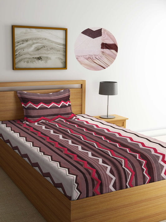 Arrabi Brown Geometric TC Cotton Blend Single Size Fitted Bedsheet with 1 Pillow Cover (220 X 150 cm)