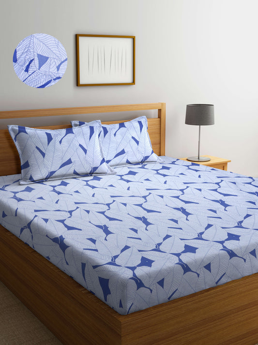 Arrabi Blue Geometric TC Cotton Blend King Size Fitted Bedsheet with 2 Pillow Covers(250 X 215 Cm )