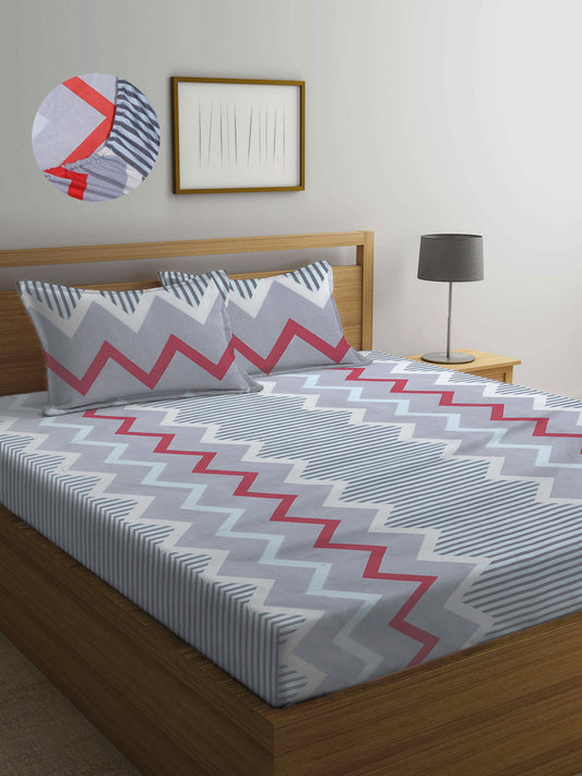Arrabi Grey Geometric TC Cotton Blend King Size Fitted Bedsheet with 2 Pillow Covers(250 X 215 Cm )