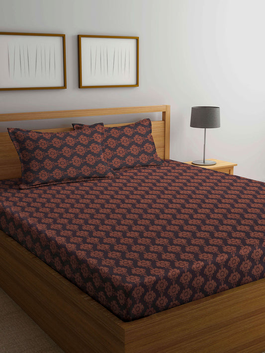 Arrabi Brown Indian Handwoven Cotton King Size Bedsheet with 2 Pillow Covers (260 X 230 cm)