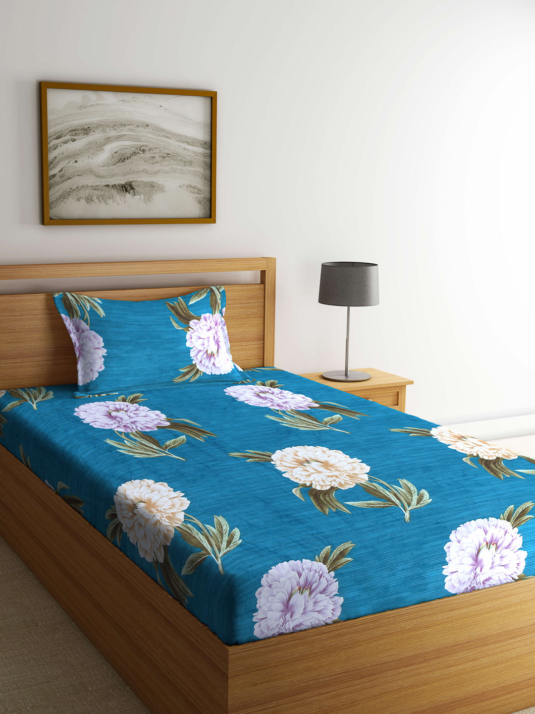 Arrabi Teal Floral TC Cotton Blend Single Size Bedsheet with 1 Pillow Cover (220 X 150 cm)
