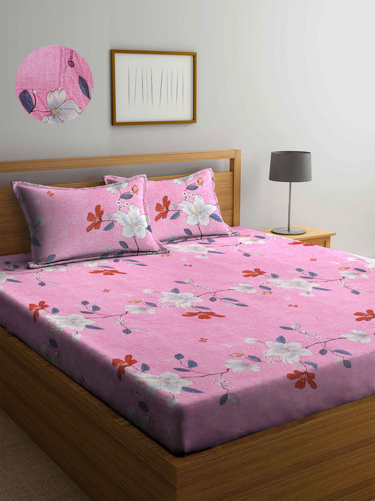 Arrabi Pink Floral TC Cotton Blend Double Size Fitted Bedsheet with 2 Pillow Cover ( 250 x 225 cm)