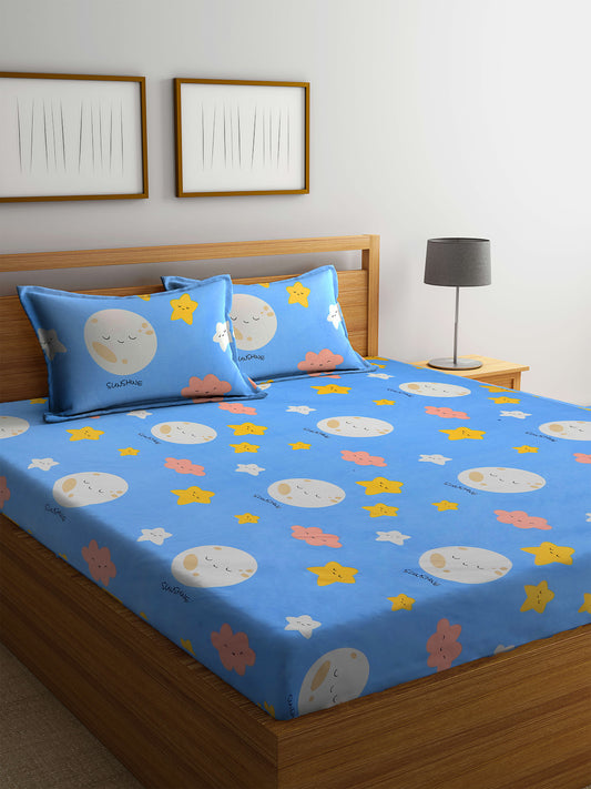 Arrabi Blue Moon & Star TC Cotton Blend King Size Bedsheet with 2 Pillow Cover (255 x 225 cm)