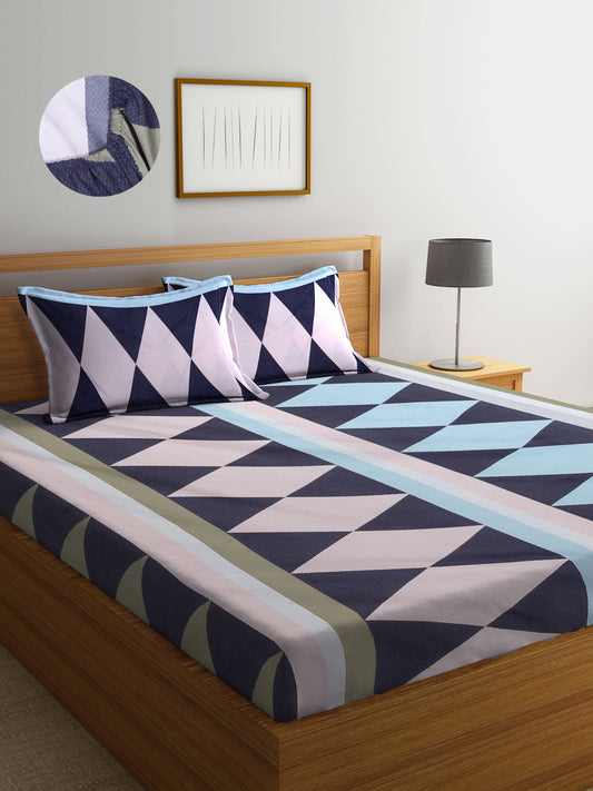 Arrabi Multi Geometric TC Cotton Blend King Size Fitted Bedsheet with 2 Pillow Covers (250 X 215 Cm )