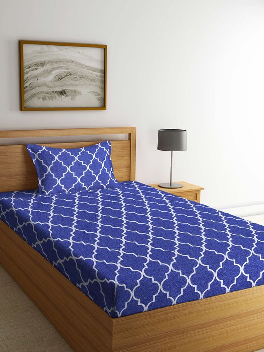 Arrabi Blue Indian TC Cotton Blend Single Size Bedsheet with 1 Pillow Cover (220 X 150 cm)