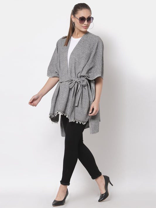 Arrabi Grey Solid Cotton Chenille Full Size Shrug with Belt (160 x 100 cm)