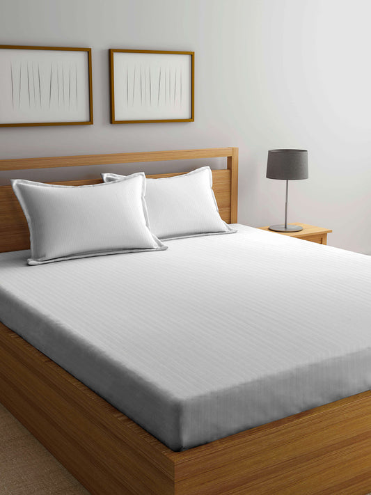 Arrabi White Stripes TC Cotton Blend Double Size Bedsheet with 2 Pillow Covers (250 x 220 cm)