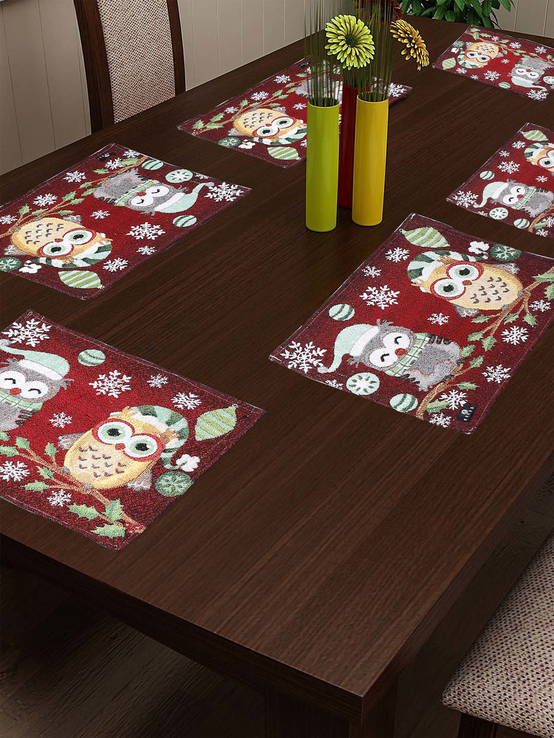 Arrabi Red Graphic Cotton Blend Full Size Table Mat (Pack of 6) (45 X 30 cm)