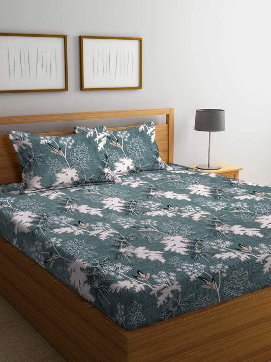 Arrabi Green Leaf TC Cotton Blend King Size Bedsheet with 2 Pillow Covers (250 X 215 cm)