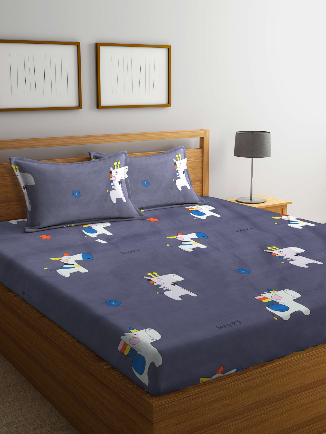 Arrabi Grey Cartoon TC Cotton Blend Double Size Bedsheet with 2 Pillow Covers (250 x 215 cm)