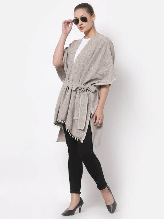 Arrabi Beige Solid Cotton Chenille Full Size Shrug with Belt (160 x 100 cm)