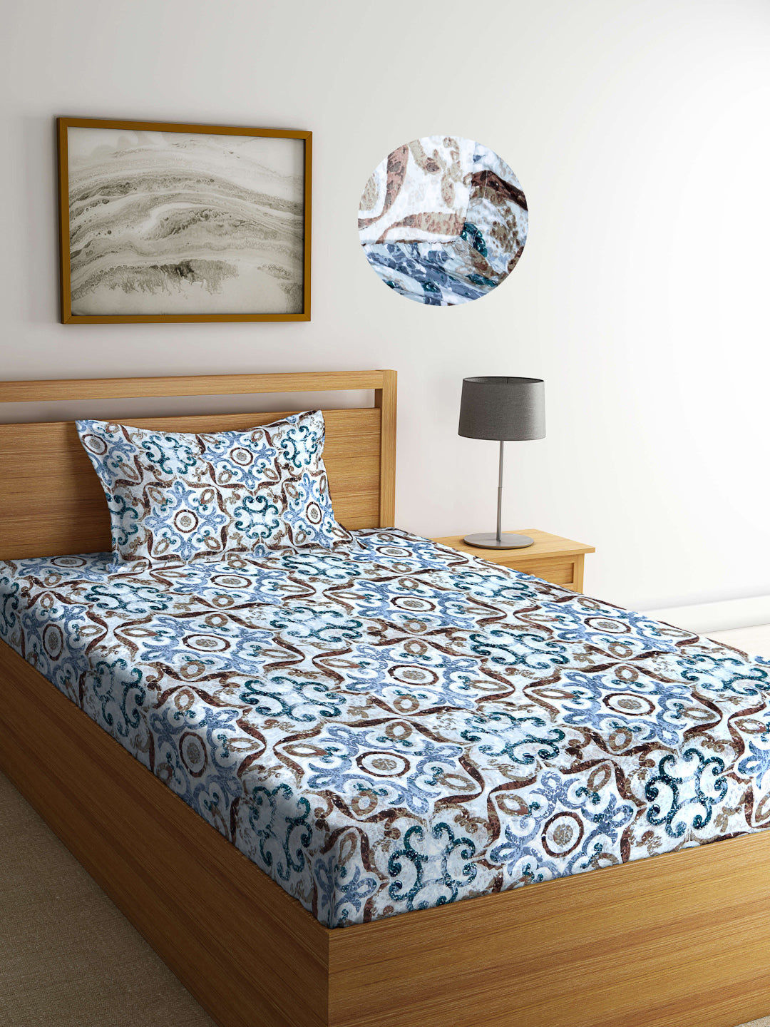 Arrabi Multi Indian TC Cotton Blend Single Size Fitted Bedsheet with 1 Pillow Cover (220 X 150 cm)