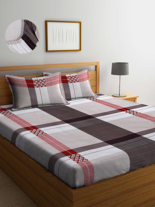 Arrabi Beige Stripes TC Cotton Blend Double Size Fitted Bedsheet with 2 Pillow Cover ( 250 x 225 cm)