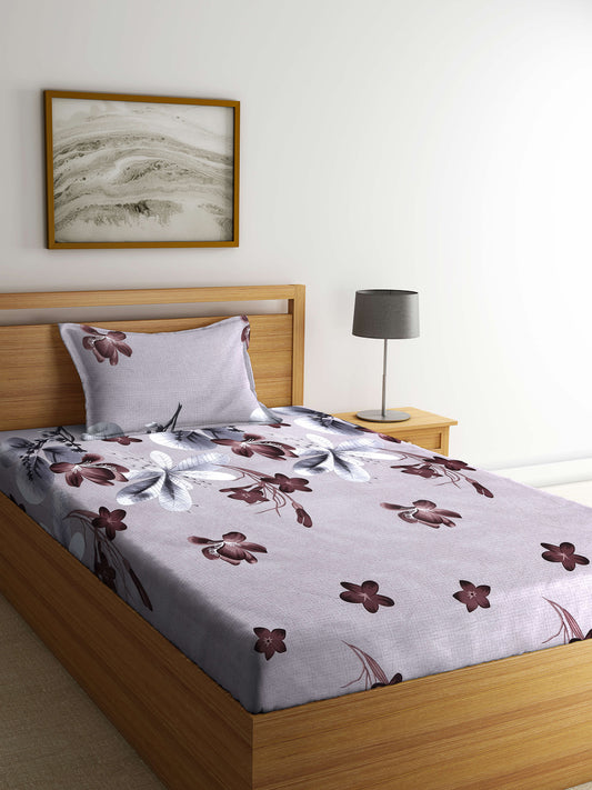 Arrabi Brown Floral TC Cotton Blend Single Size Bedsheet with 1 Pillow Cover ( 220 X 150 cm)