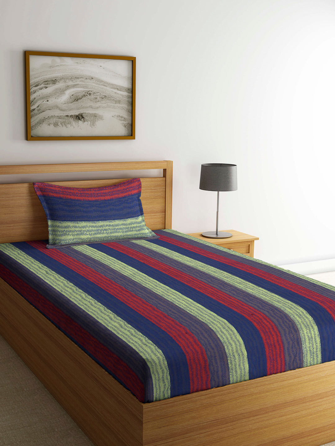 Arrabi Multi Stripes Handwoven Cotton Single Size Bedsheet with 1 Pillow Cover (230 X 150 cm)